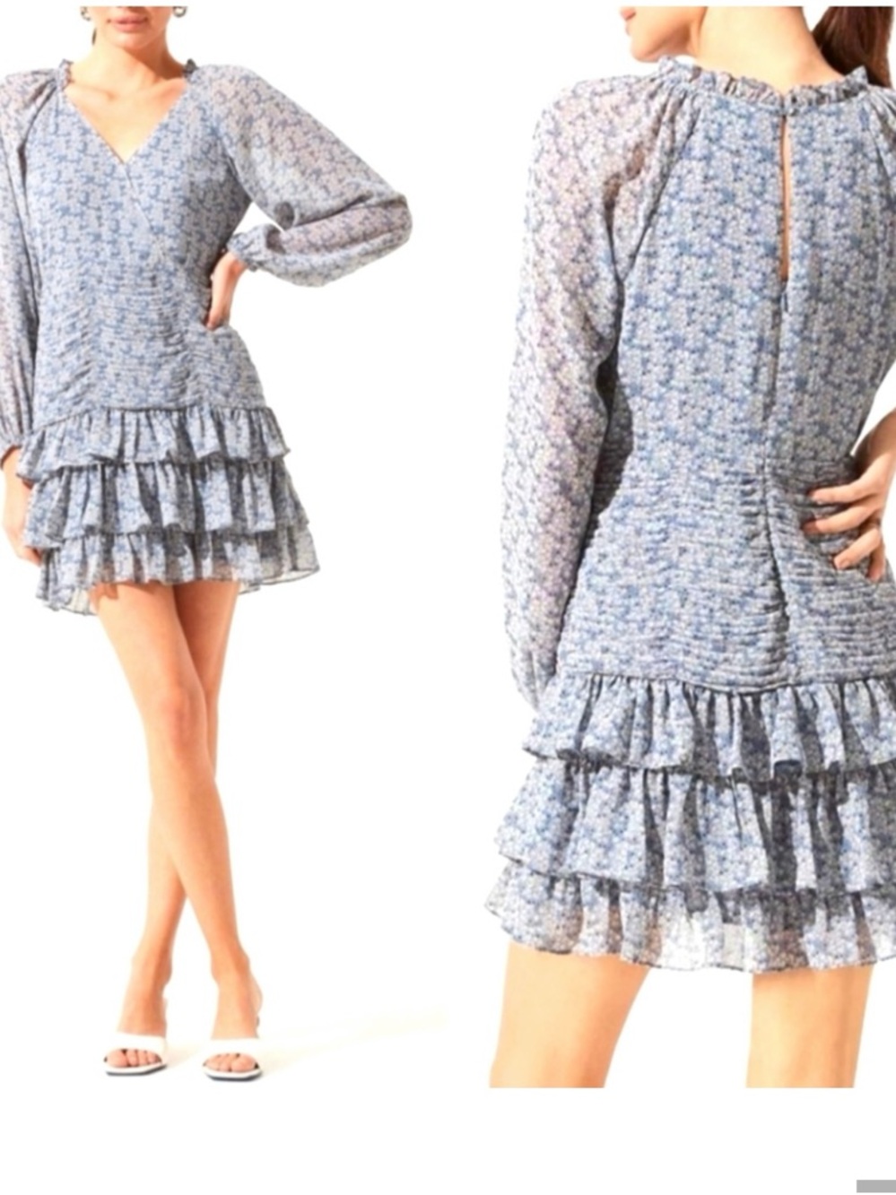 Astr Blue Floral Ruffle Dress